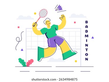 Vector Illustration of a Badminton Player Featuring a Shuttlecock and Racket on the Court, Competing in the Sport as a Leisure Activity Background