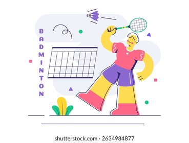 Ilustração vetorial de um jogador de badminton com um Shuttlecock e raquete na quadra, competindo no esporte como um fundo de atividade de lazer