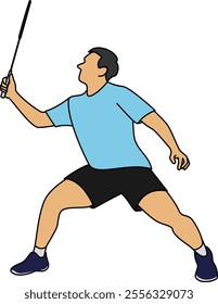 Vector illustration of a badminton player in a focused stance, preparing for a smash or return shot. The Athlete poised for a push shot, ready for action, holding a racket with determination