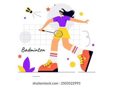 Vector Illustration of a Badminton Player with a Shuttle and Racket on the Court, Competing in the Sport as a Leisure Activity with a Flat Background