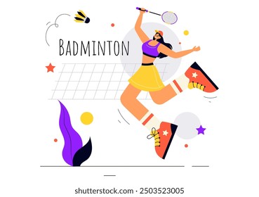 Vector Illustration of a Badminton Player with a Shuttle and Racket on the Court, Competing in the Sport as a Leisure Activity with a Flat Background