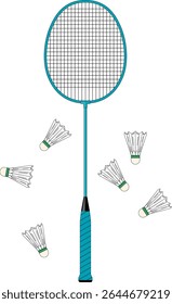Vector illustration of a badminton racket surrounded by shuttlecocks on a transparent background. Ideal for sports themed designs, training materials, or promotional content. Clean, minimal, and high 