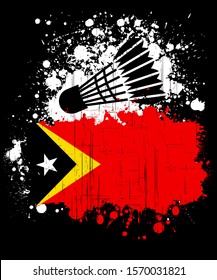 Vector illustration of a badminton sports logo with the flag of Timor Leste, isolated on black background