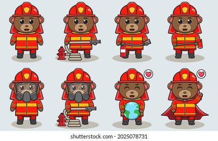 Vector Illustration Of Baer Firefighters Set. Fire Fighter Profession With Flat Design Style. Good For Icon, Label, Sticker, Clipart.