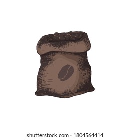 Vector illustration of a bag with coffee beans, hand-drawn in color. Organic natural coffee beans for brand and package design, badge for logo or coffee production
