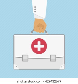 Vector illustration a bag, the first aid kit in the doctor's hand in flat stule. Illustration concept health care and ambulance. Medical background.