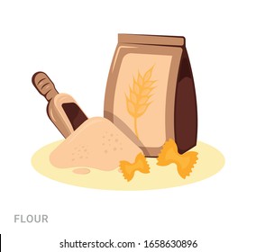 Ilustración vectorial de la bolsa con harina y pasta. Aditivo alimentario sobre fondo blanco.
