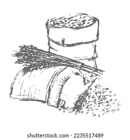Vector illustration of a bag of grain and flour for baking bread, drawn by hand. doodle, sketch