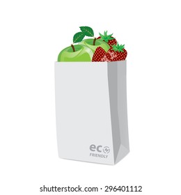 Vector, Illustration, bag paper eco friendly with fruit on a white background.