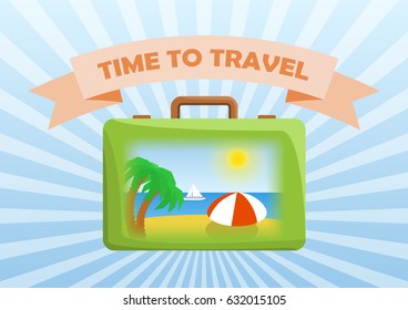 Vector illustration of bag with picture on side: palms, sand, sea, sun