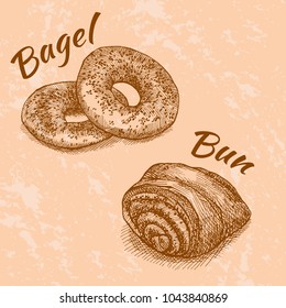 Vector illustration of bagels and bun with jam / caramel / chocolate / poppy. Bon appetit