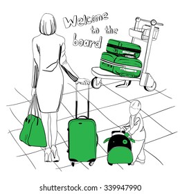 Vector illustration of baggage set for airport. Logos design. Different suitcases.