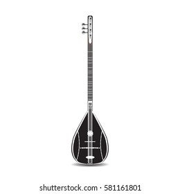 Vector illustration of baglama saz isolated on white background. Turkish string plucked musical instrument, flat black and white design.