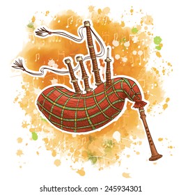 Vector illustration of a bagpipe on a watercolor background