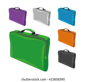 Vector illustration bags for documents and laptop in different colors: green, blue, orange, green, purple, black and white