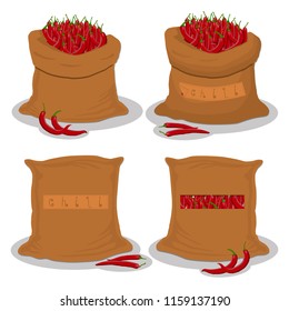 Vector illustration for bags filled with vegetable red hot chili pepper, storage in sacks. Chili pattern consisting of ripe food, raw product on open Sack. Tasty pepper chili from eco sack, full bag.