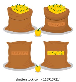 Vector illustration for bags filled with vegetable yellow pepper, storage in sacks. Pepper pattern consisting of ripe food, raw product on open Sack. Tasty fruit pepper from eco sack, full baggy bag