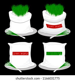 Vector illustration for bags filled with vegetable young green onion, storage in sacks. Onion pattern consisting of ripe food, raw product on open Sack. Tasty fruit onion from eco sack,full baggy bag