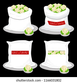 Vector illustration for bags filled with vegetable cauliflower, storage in sacks. Cauliflower pattern consisting of ripe food, raw product on open Sack. Tasty cauliflower from eco sack,full baggy bag
