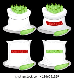 Vector illustration for bags filled with vegetable green zucchini, storage in sacks. Zucchini pattern consisting of ripe food, raw product on open Sack. Tasty zucchini from eco sack,full baggy bag.