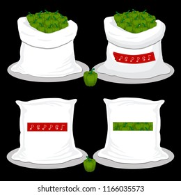 Vector illustration for bags filled with vegetable green pepper, storage in sacks. Pepper pattern consisting of ripe food, raw product on open Sack. Tasty fruit pepper from eco sack, full baggy bag