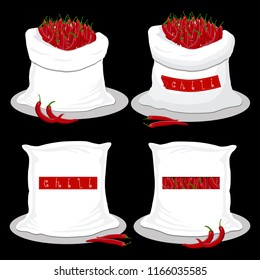 Vector illustration for bags filled with vegetable red hot chili pepper, storage in sacks. Chili pattern consisting of ripe food, raw product on open Sack. Tasty pepper chili from eco sack, full bag.