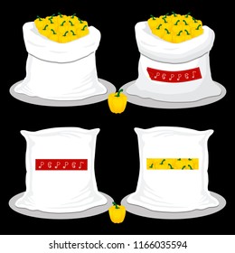 Vector illustration for bags filled with vegetable yellow pepper, storage in sacks. Pepper pattern consisting of ripe food, raw product on open Sack. Tasty fruit pepper from eco sack, full baggy bag