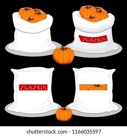 Vector illustration for bags filled with vegetable orange pumpkin, storage in sacks. Pumpkin pattern consisting of ripe food, raw product on open Sack. Tasty pumpkin from eco sack, full baggy bag.