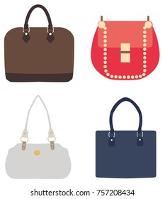 vector illustration of bags, handbags, women purses. flat design of fashion handbags isolated on white background.