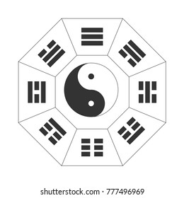 Vector Illustration: The Bagua or Pa Kua, eight trigrams used in Taoist cosmology. Yin and yang sign.