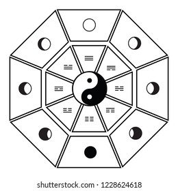 vector illustration of Bagua Taoist eight symbols with hexagrams and moon phases in black and white