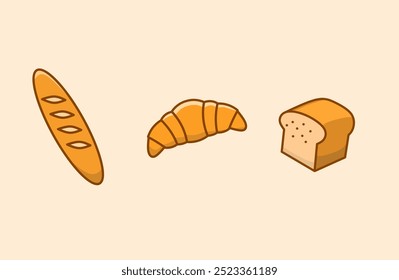 Ilustração vetorial de baguete, croissant e torrada