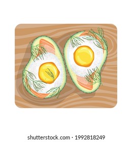 Ilustración vectorial. Vocado al horno con huevo y pescado rojo. Desayuno saludable. Comida deliciosa y saludable.