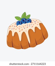 vector illustration of baked bundt cake topped with smooth vanilla icing, colorful sprinkles, andblueberries. Perfect for bakeries, menu design, food food blogs, stickers, print-on-demand items.