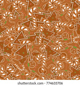 Vector illustration of baked Christmas cookies. Seamless pattern of gingerbread man, candy cane and fir tree. Holiday background.