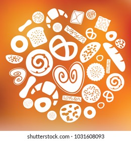 vector illustration of  baked foods  in circle shape design on blurred modern background