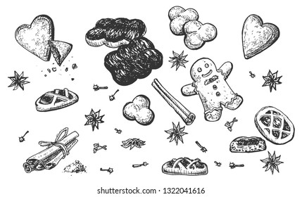 Vector illustration of baked foods set. Cookies in various shapes, eclairs, gingerbread man, biscuits, curd tarts, cinnamon sticks, chocolate with vanilla, anise decoration. Vintage hand drawn style.