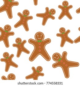 Vector illustration of baked gingerbread man on white background. Seamless pattern of Christmas cookies.