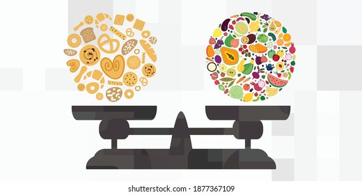 vector illustration of baked goods and fruits scale for healthy balanced diet and gluten levels