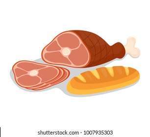 vector illustration of baked ham and bread