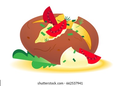Vector illustration of baked jacket potato isolated on white background. Tasty delicious hot fast food with greens, vegetables, butter, tomatoes. Flat style with noise texture