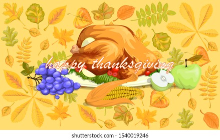 Vector illustration of a baked Turkey with fruit on a background of autumn leaves on thanksgiving day