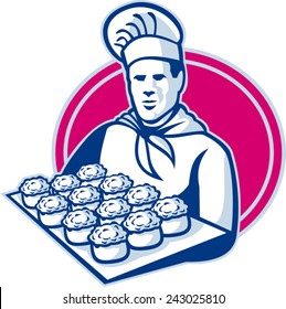 vector illustration of a baker chef cook serving tray of pork meat pies set inside ellipse done in retro style.