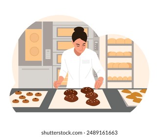 Vector illustration of a baker girl. Cartoon scene of a girl in a chef's coat, trays with cakes, bread with seeds, cookies, buns, racks with freshly baked bread,an oven isolated on a white background.