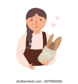 Vector illustration of a baker girl holding fresh bread. Female portrait in a modern flat style. Cute character design