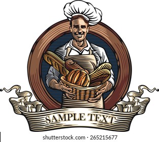 Vector Illustration Of A Baker, Holding A Basket With Loaves Of Bread, Done In Retro Woodcut Style.