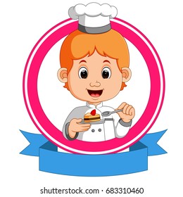 vector illustration of baker holding a tray with a cupcake