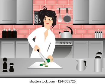 A vector illustration of baker making dough in the kitchen 