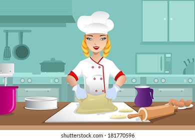 A vector illustration of baker making dough in the kitchen 