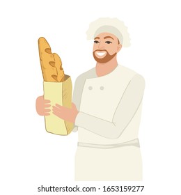 Vector illustration with a baker man holding a paper bag with baguette in his hands. Design of natural, farm products, pastries, home bakery, small business